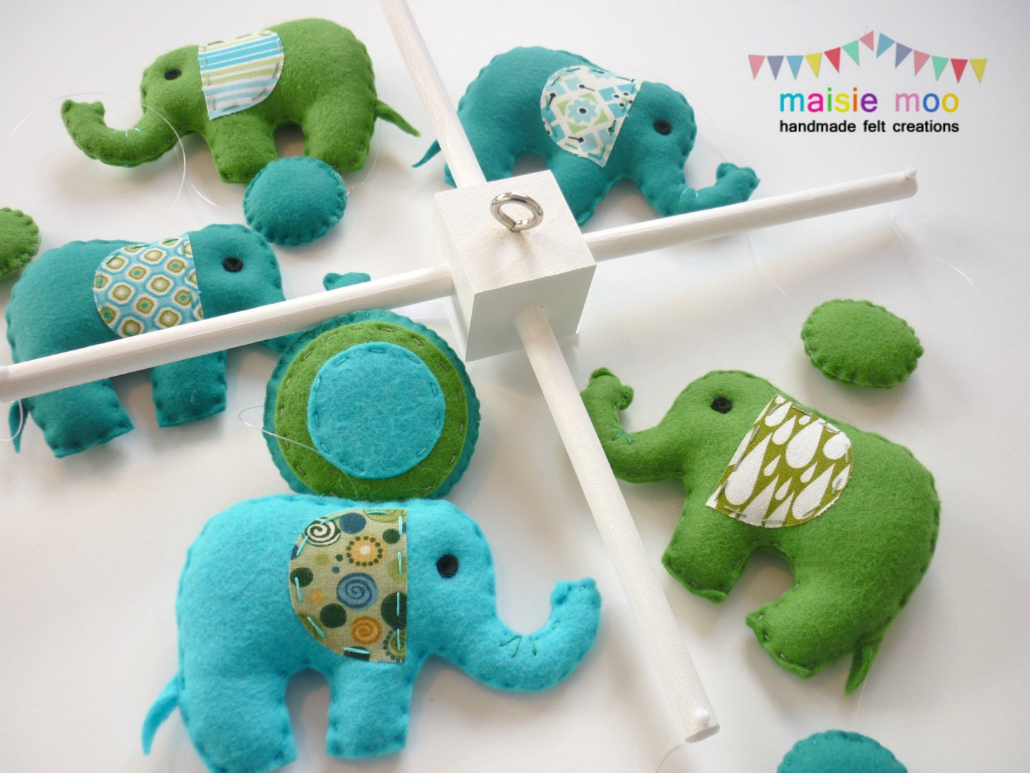 Baby Boy Elephant Mobile - Felt and Applique Nursery Mobile - Crib or Cot Mobile - Teal, Green and Aqua