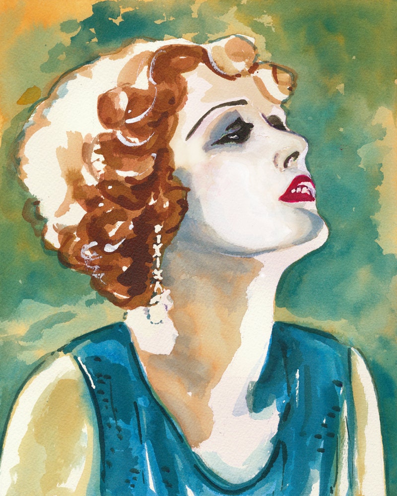 Woman Acrylic Ink Print, Female Painting, 1930s Glamor, Open Edition, Home Decor, 8x10