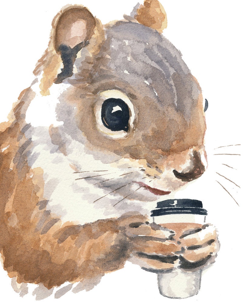 Watercolor PRINT Squirrel - Squirrels Love Coffee, Animal Watercolour, Squirrel Illustration, 5x7 Print - WaterInMyPaint