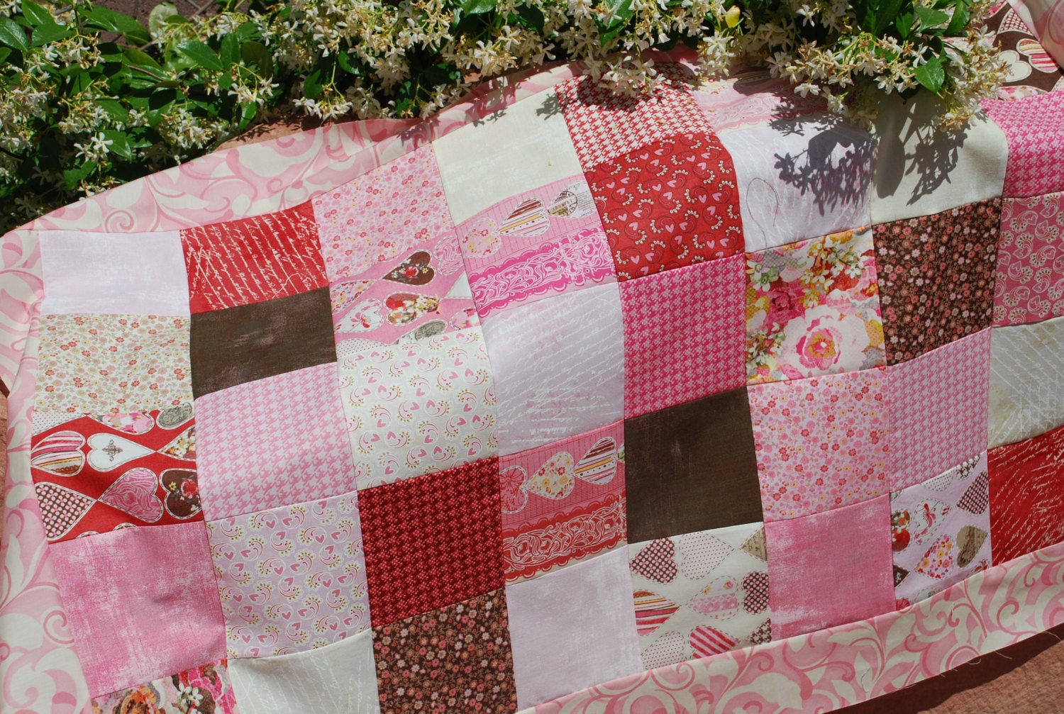 Moda. COUTURE Crib Quilt. Kissing Booth by Basic Grey. QUILTED 30x43 Minky back.