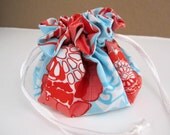 Drawstring Travel Jewelry Bag/Holder/Organizer- Orange and Blue Floral with Striped Lining
