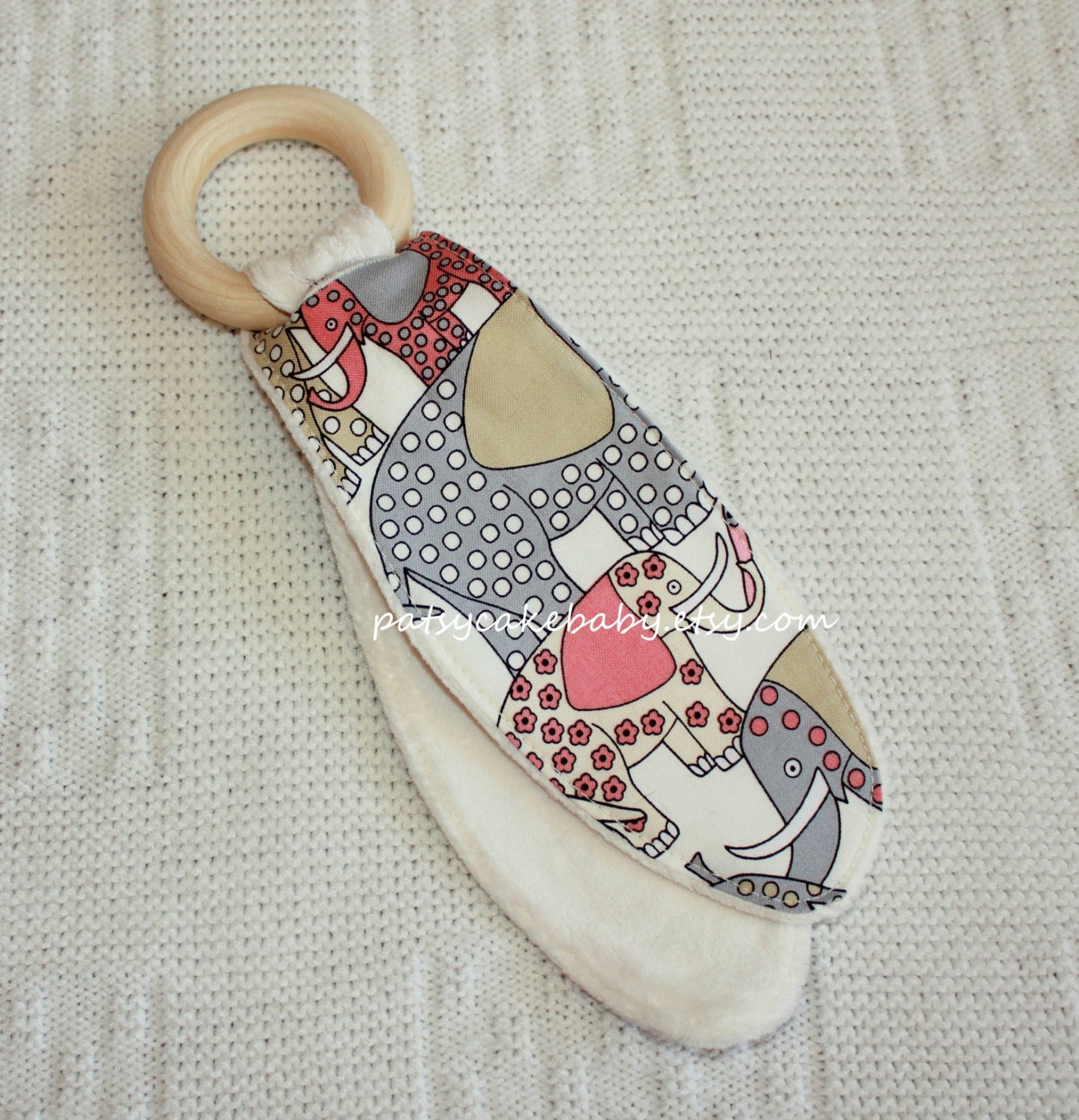 ORGANIC fabric Polka Dot Elephants natural wood Teething Ring