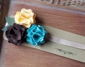 Anika 3 Felt Flower Headband Yellow, Brown and Teal Newborn, Girl, Toddler, Adult