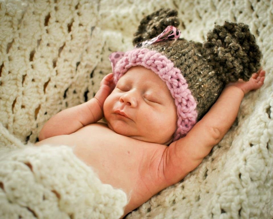 Handknit Newborn Baby Girl Boo Boo Bear Beanie Hat in a Color called Barley with Blossom Pink Brim and Decorative Bow, Photo Prop