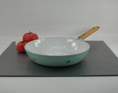 Dru Holland - Green Tulip Cast Iron Enamel Skillet Fry Pan - No. 26 - 10" - Wood Handle