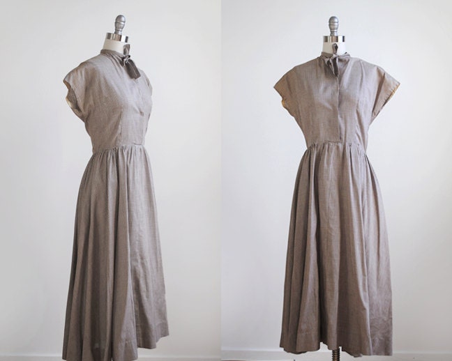 brown dress 50's. brown & white dress 1950. long dress. m. cotton. checkered. 50 summer dress.