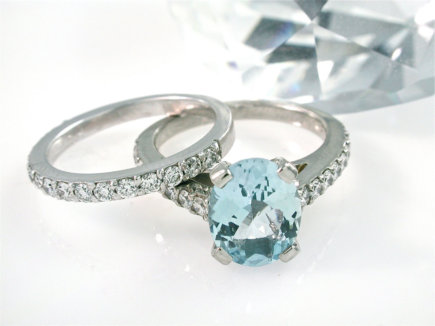 Bridal Blue Aquamarine Engagement Ring. Conflict Free Diamond Engagement Ring. Palladium Wedding Set