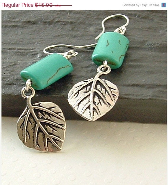 On Sale 10 % off Jewelry - Earrings - Dangle silver leaf and turquoise earrings on sterling silver earwires