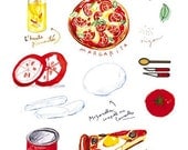 Pizza recipe print, Kitchen decor, 8X10 fine art print, italian food poster, cooking illustration, Tomato red decor