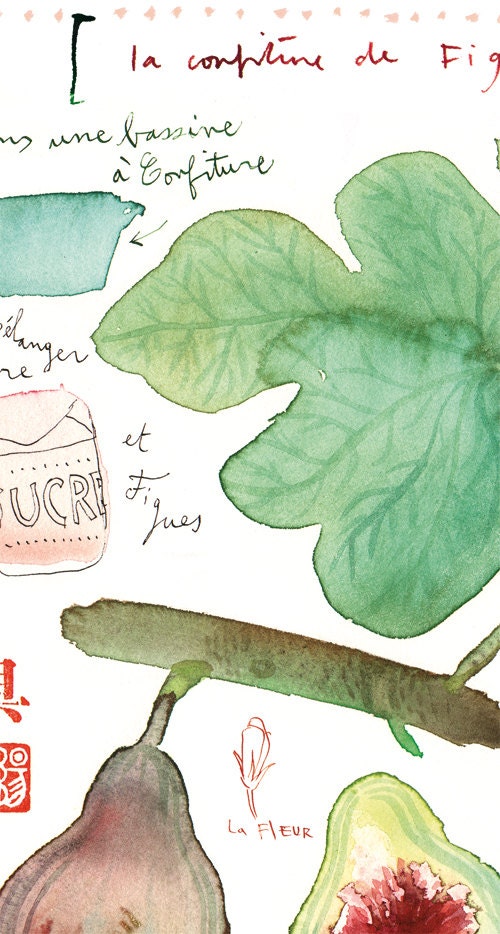Kitchen art print, Fig jam recipe watercolor painting, 8x10 poster, Botanical kitchen decor, Fruit illustration, Food artwork