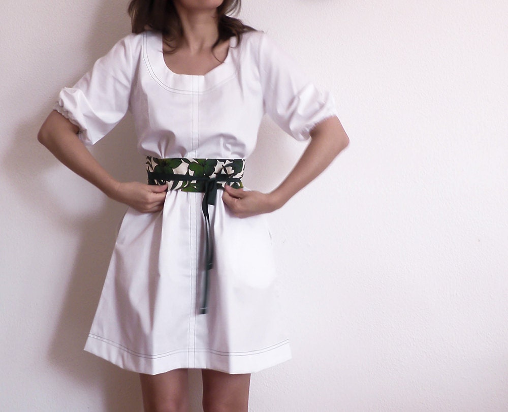 Greek Island white cotton dress with Obi belt