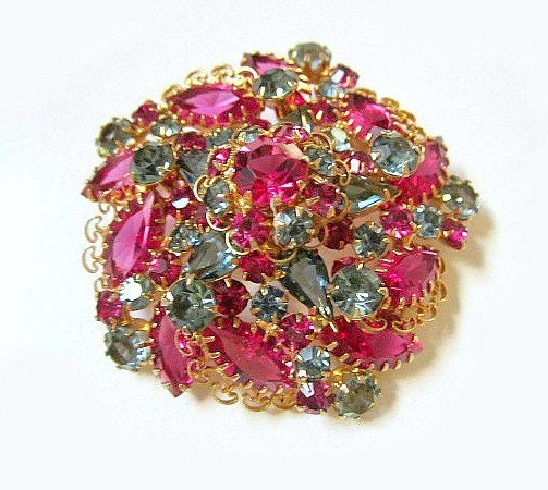 Vintage Fuscia Pink and Cape Cod Blue Gray Rhinestone Brooch Pin 2"