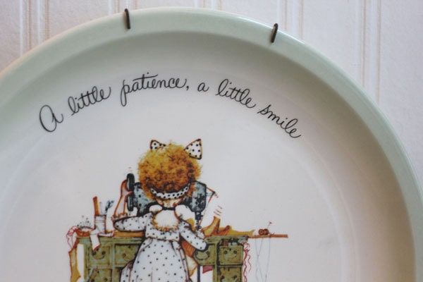 Holly Hobbie Plate with crafter seamstress Mint Green at sewing machine "A little patience, a little smile..."