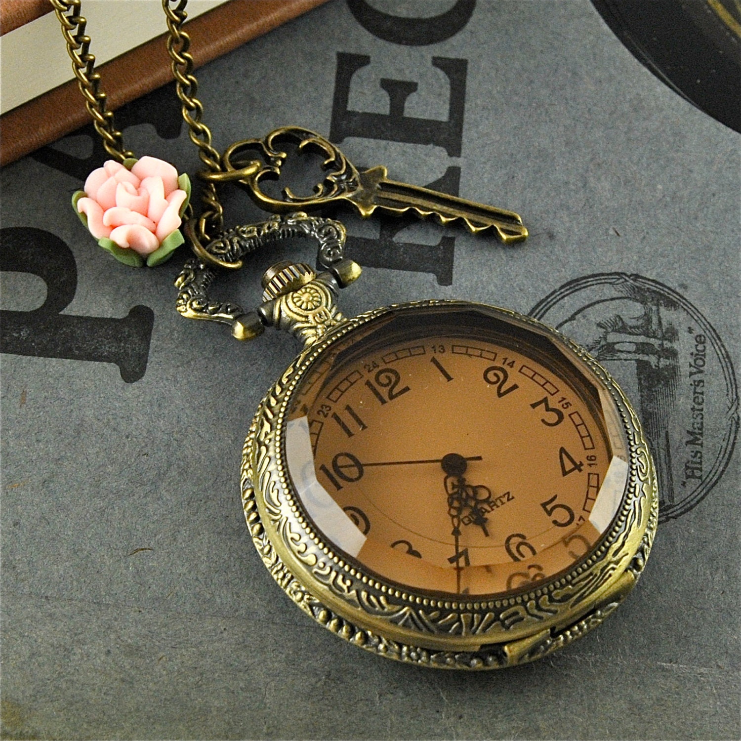 Large Bronze Vintage Style Pocket Watch Pendant Necklace with Pink Flower and Key Accents