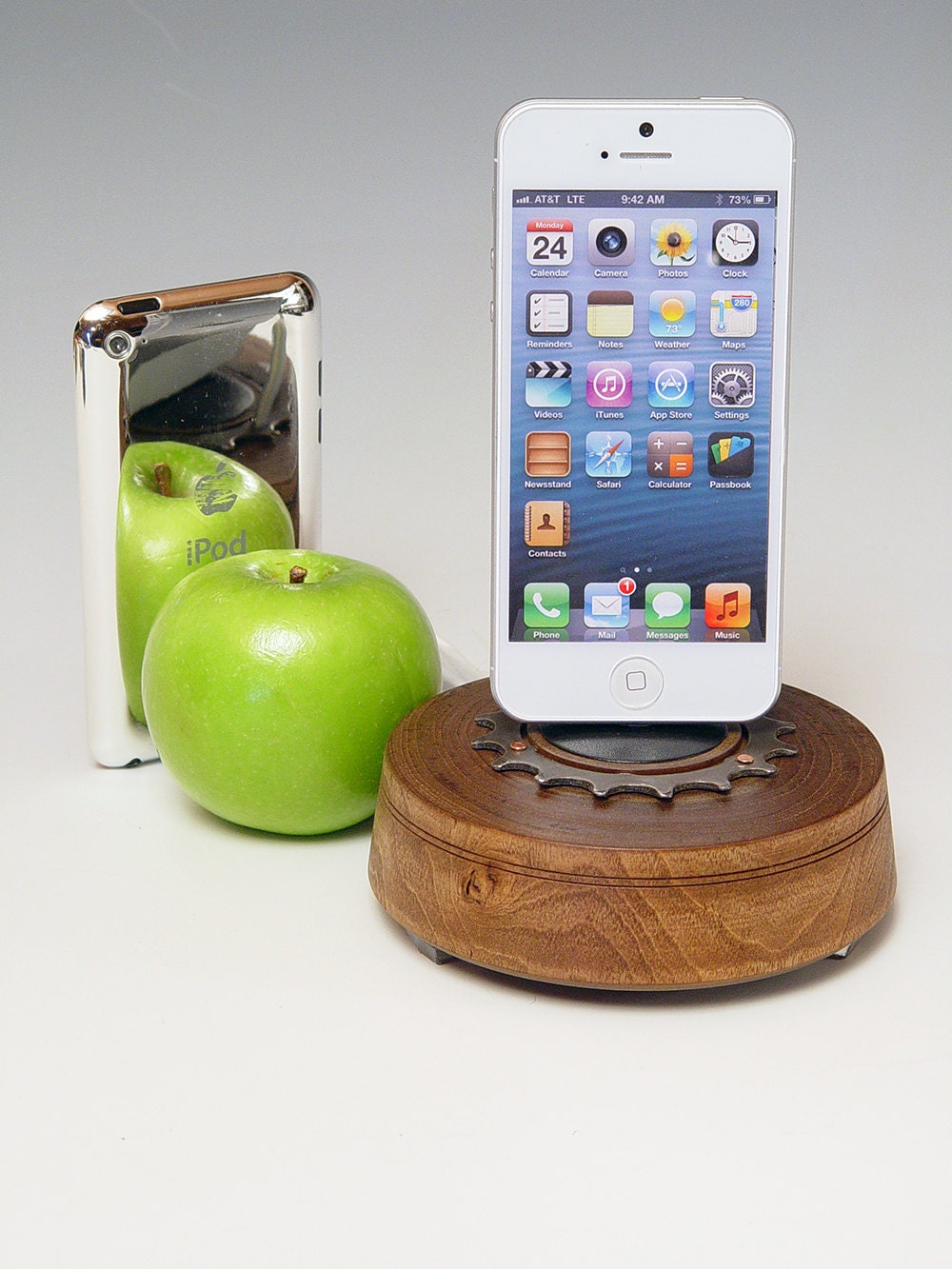 Dock for ANY iPhone or iPod dock.  387. Wood and steel. Handmade bicycle gear dock. Charge and sync. Rad gift for a biker. FAST SHIPPING.