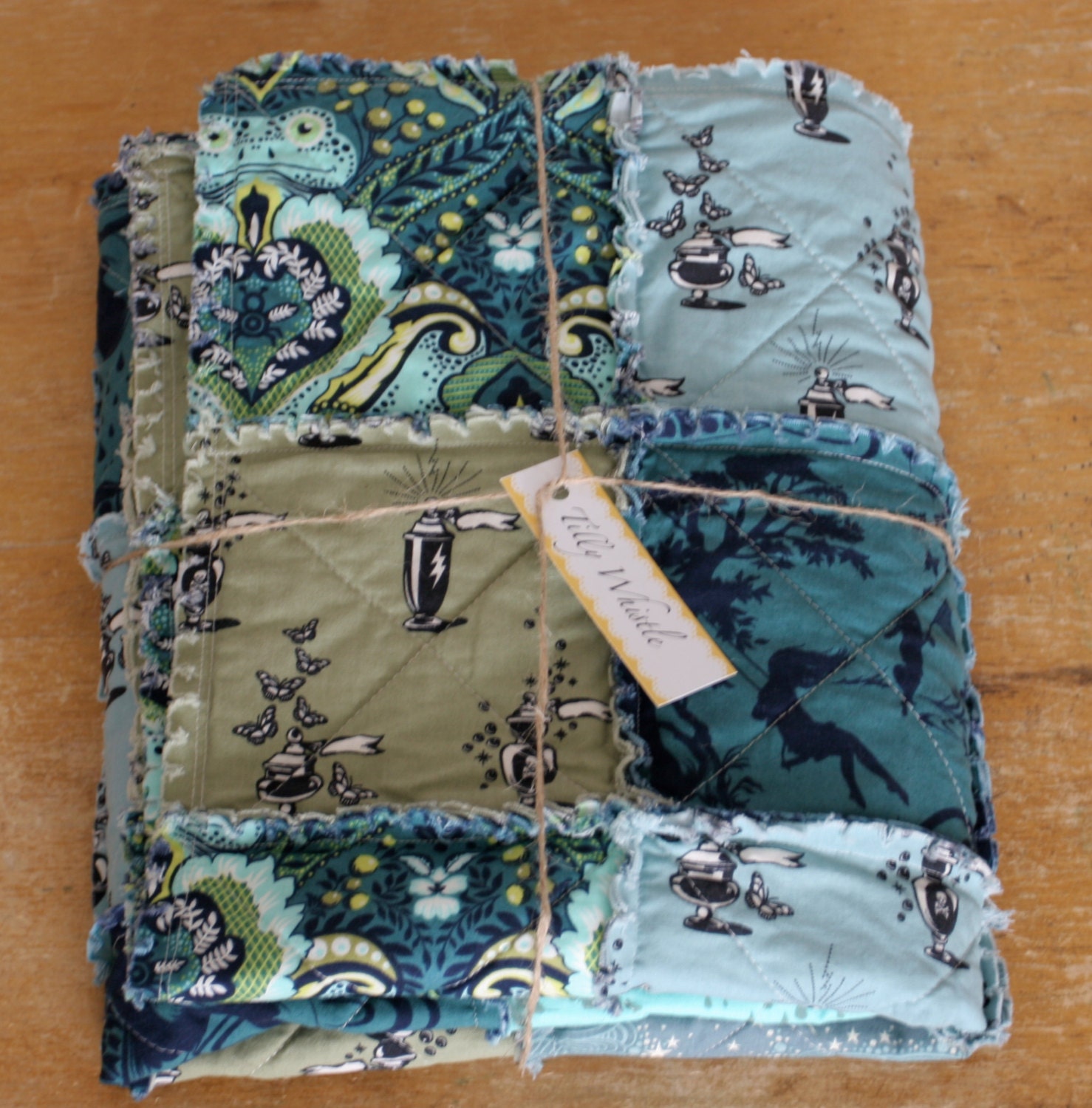 Baby Boy Cotton Rag Quilt Blue and Green Prince Charming -  Ready to Ship