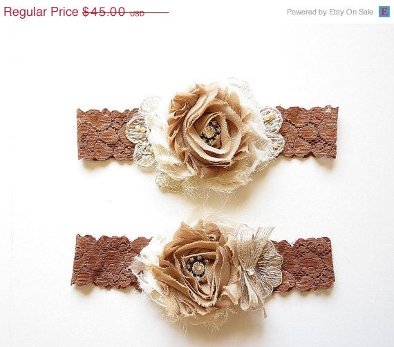 20% OFF Shabby Chic Garter Set in Ivory and Caramel with Vintage Rhinestones and a Burlap Bow