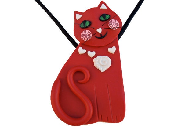 Valentine Heart Cat Pendant Necklace to Brooch, Polymer Clay, Red and White, Perfect Gift