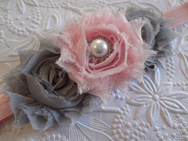 Grey & Pink Shabby Chic Chiffon Flower Headband -  Newborn Headband. Baby Hair Accessories. Toddler Headband. Girl Hair Accessories