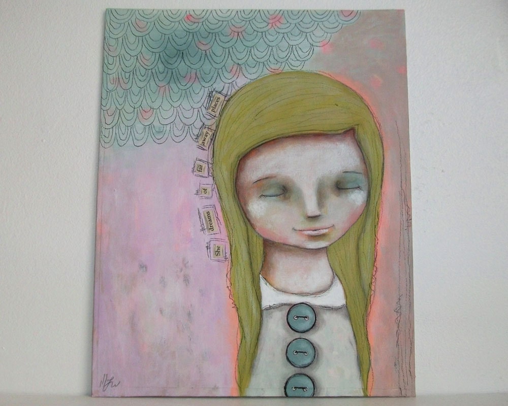 folk art Original girl painting whimsical painting mixed media art girl painting 8x10 inch canvas board - Far away places