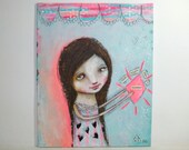 folk art girl Original girl painting whimsical painting mixed media art girl painting 8x10 inch canvas board - Shine Bright