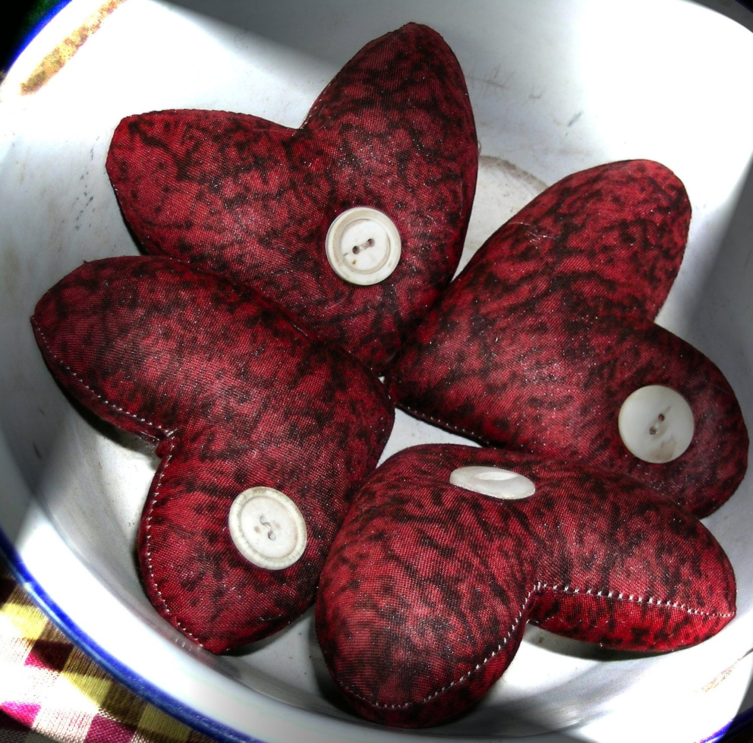Primitive Folk Art  Heart Ornies In Red Cotton Fabric With Old Buttons Set Of 4