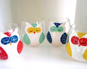 Owl Glassware Set- 4 Hand Painted Owl Wine Glasses in Vintage Colors
