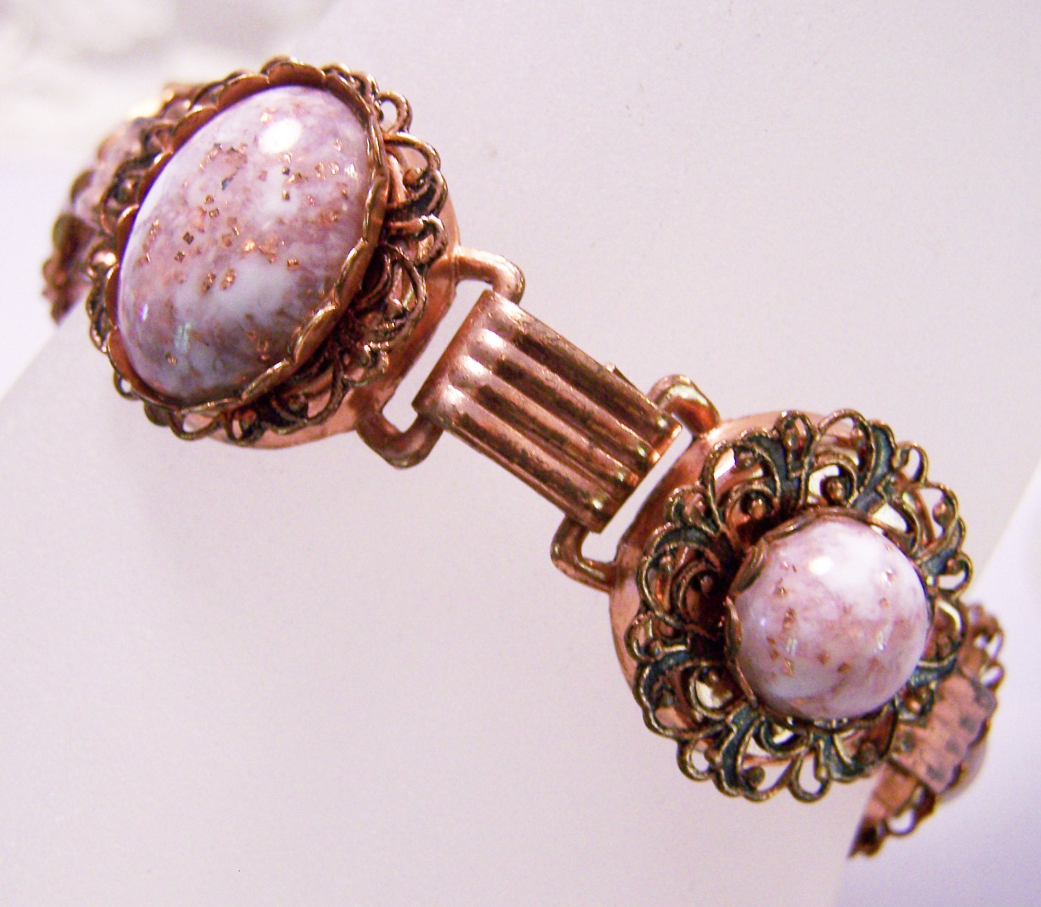 Vintage Thermoset Confetti Cabochons Copper 8" Bracelet Marbled White Tan Pink 511z