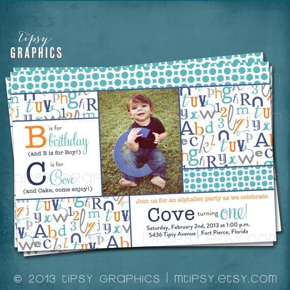 Alphabet Birthday Party ABC Photo Card Invitation. Any colors and text by Tipsy Graphics Il_570xn