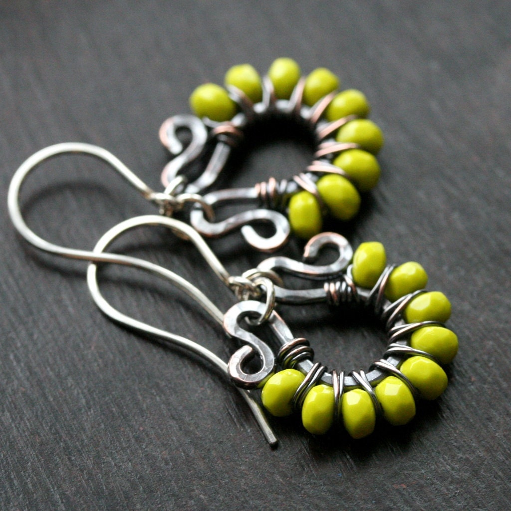 Handmade chartreuse beaded copper dangle earrings, Czech glass, oxidized, wire wrapped earrings, green, yellow, drop, Mimi Michele Jewelry