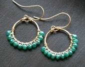 Handmade green mystic quartz wire wrapped earrings, beaded dangle hoops, 14k gold filled, gemstone, drop earrings, Mimi Michele Jewelry