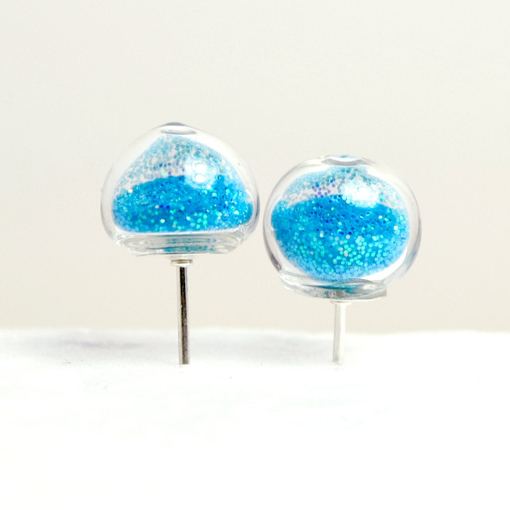 Blue fine glitter sterling silver stud earrings