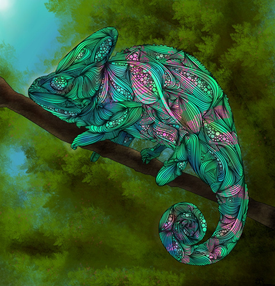 Chameleon abstract animal Professional Art Print, lizard, chameleon, forest, nature