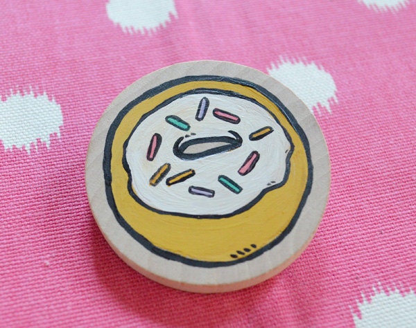 Donut Brooch Handpainted Wood Vanilla