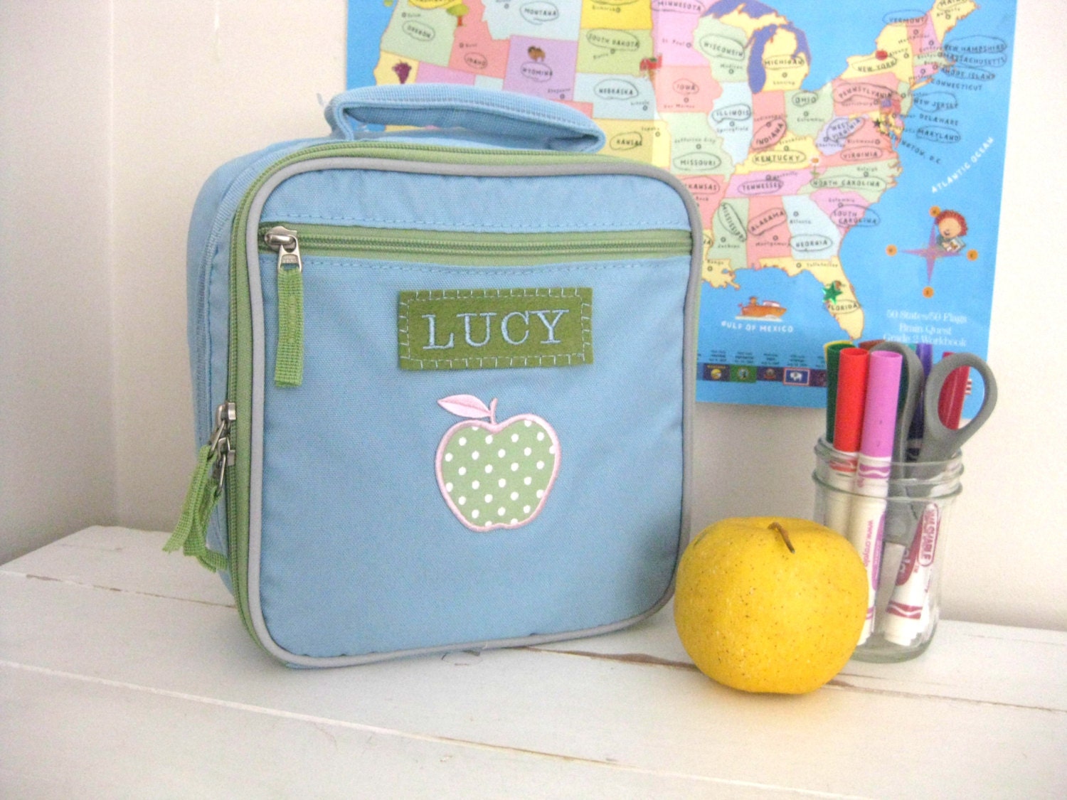Girl's Lunchbox With Monogram Upcycled Pottery Barn (Fairfax) -- Blue/Green With Apple Patch