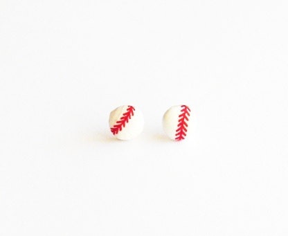 Take Me Out to the Ball Park - upcycled vintage necktie - Repurposed Covered Button Earrings - baseball earrings - sports - red and white