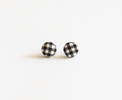 Carrie - upcycled vintage 90s jacket - Repurposed Covered Button Earrings - black and white earrings - gingham - checker - checker flag