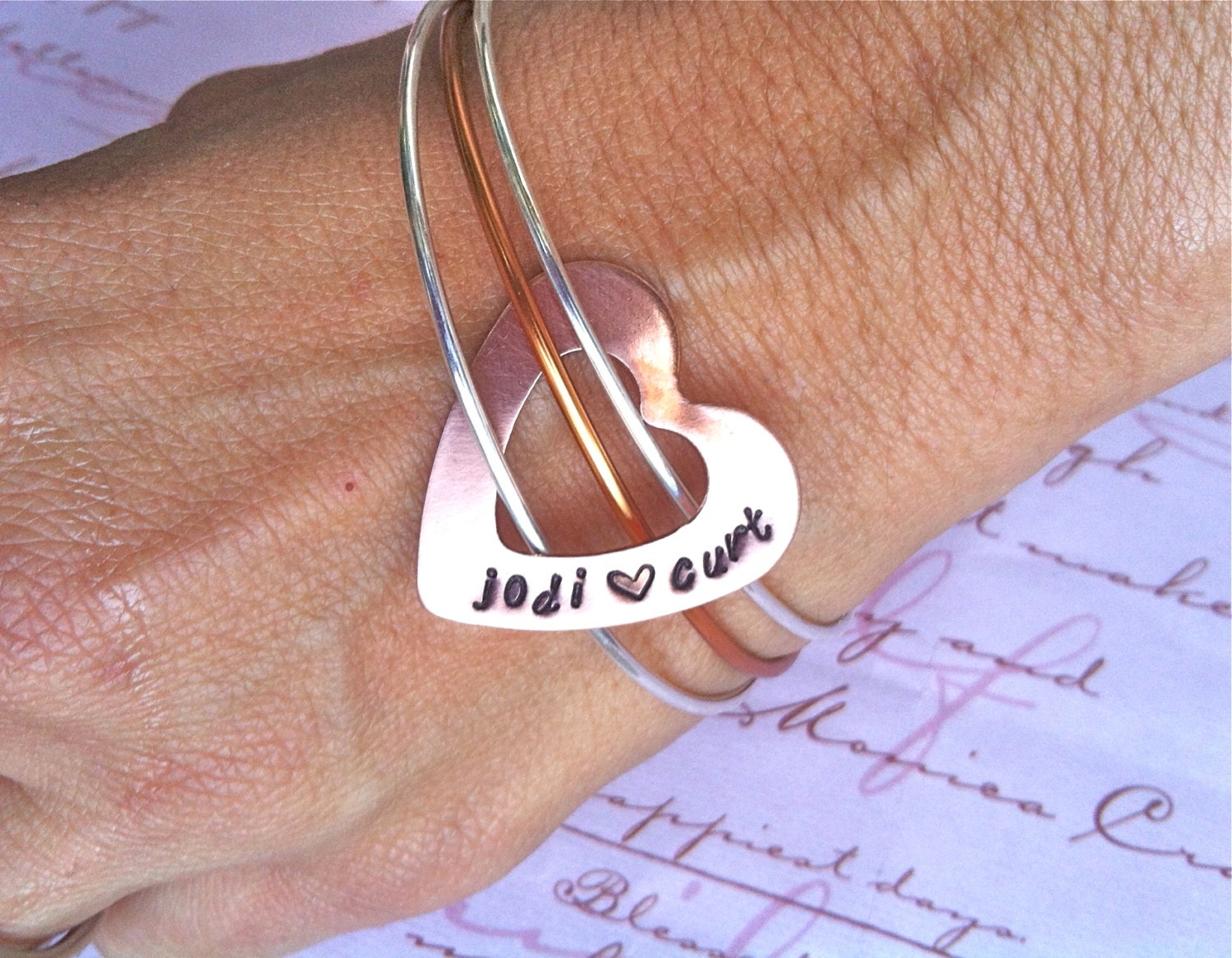 SALE-NEW-Triple Copper and Silver Bangle with Floating Hand Stamped Heart