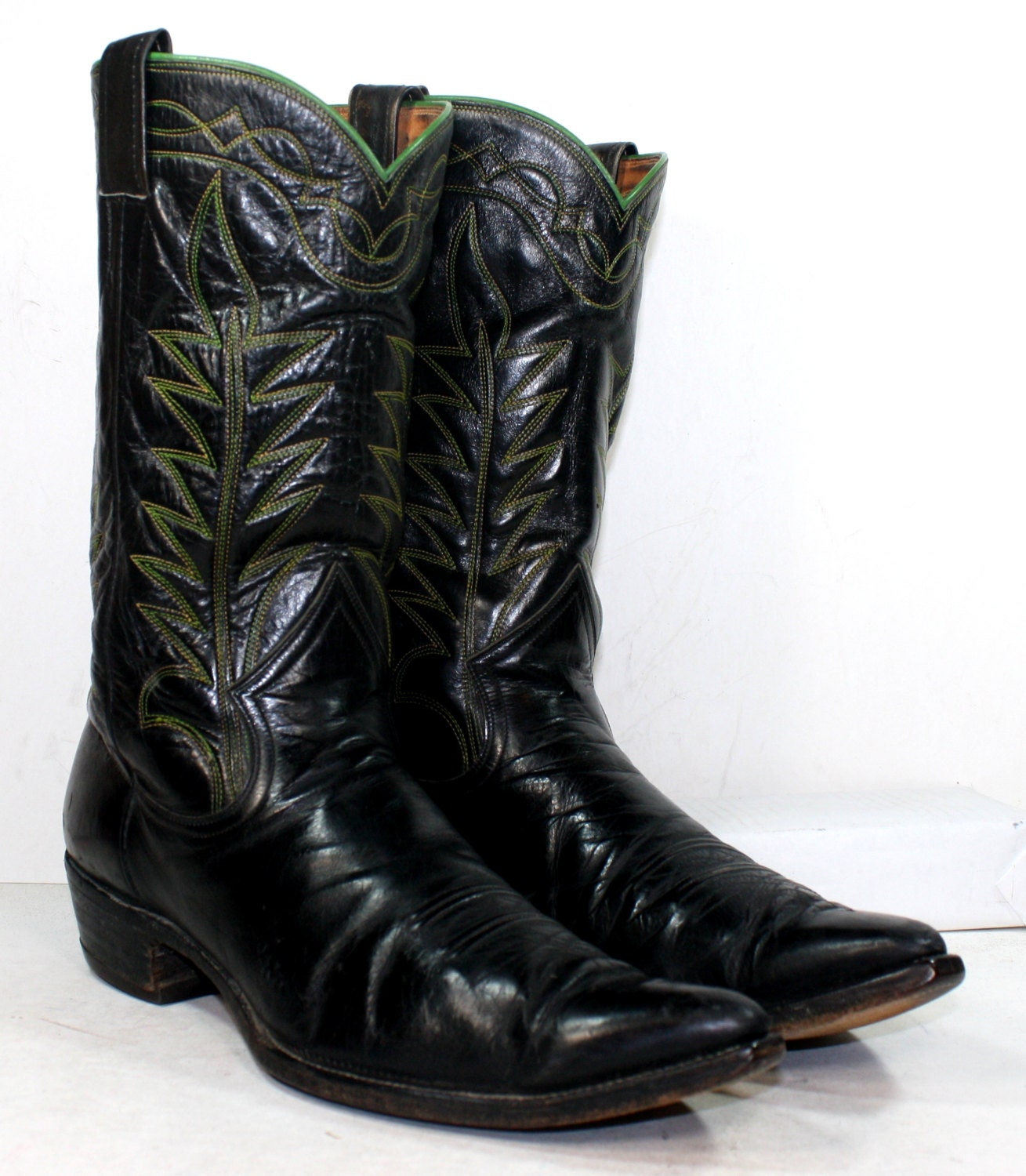 Vintage cowboy cowgirl black green low heel knee high tall western womens Leather fashion boots 10.5 D M mens