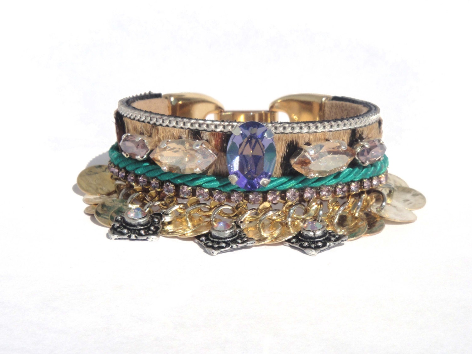 Hair on hide leopard leather bracelet with handembroidered Swarovski and gold plated curb chain - charm bracelet - boho chic jewelry