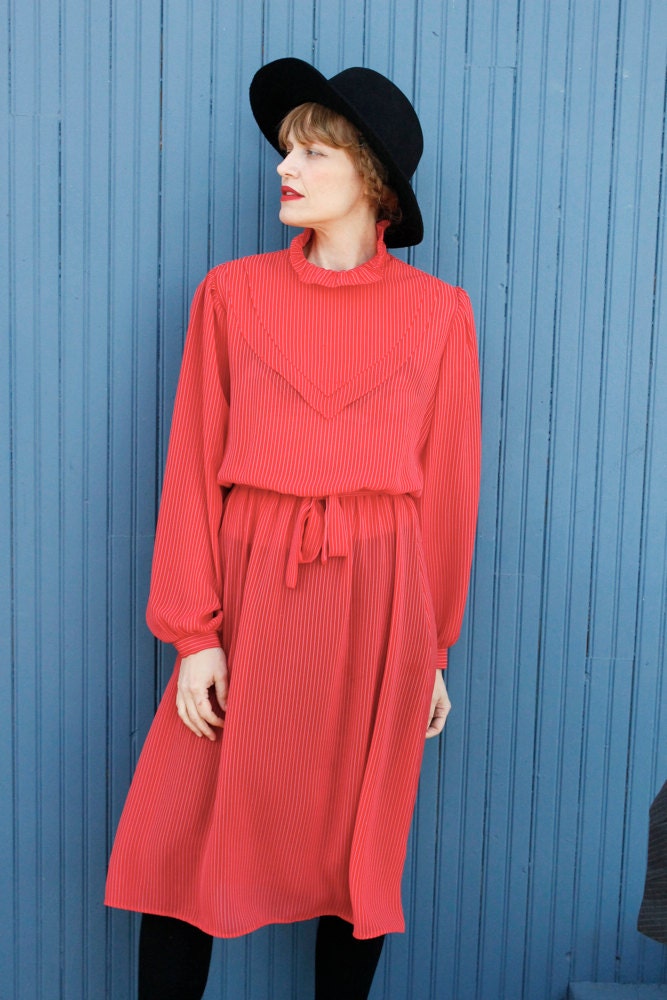 Vintage 80's Red Pin Stripe SECRETARY Dress 9 to 5 (Size M)