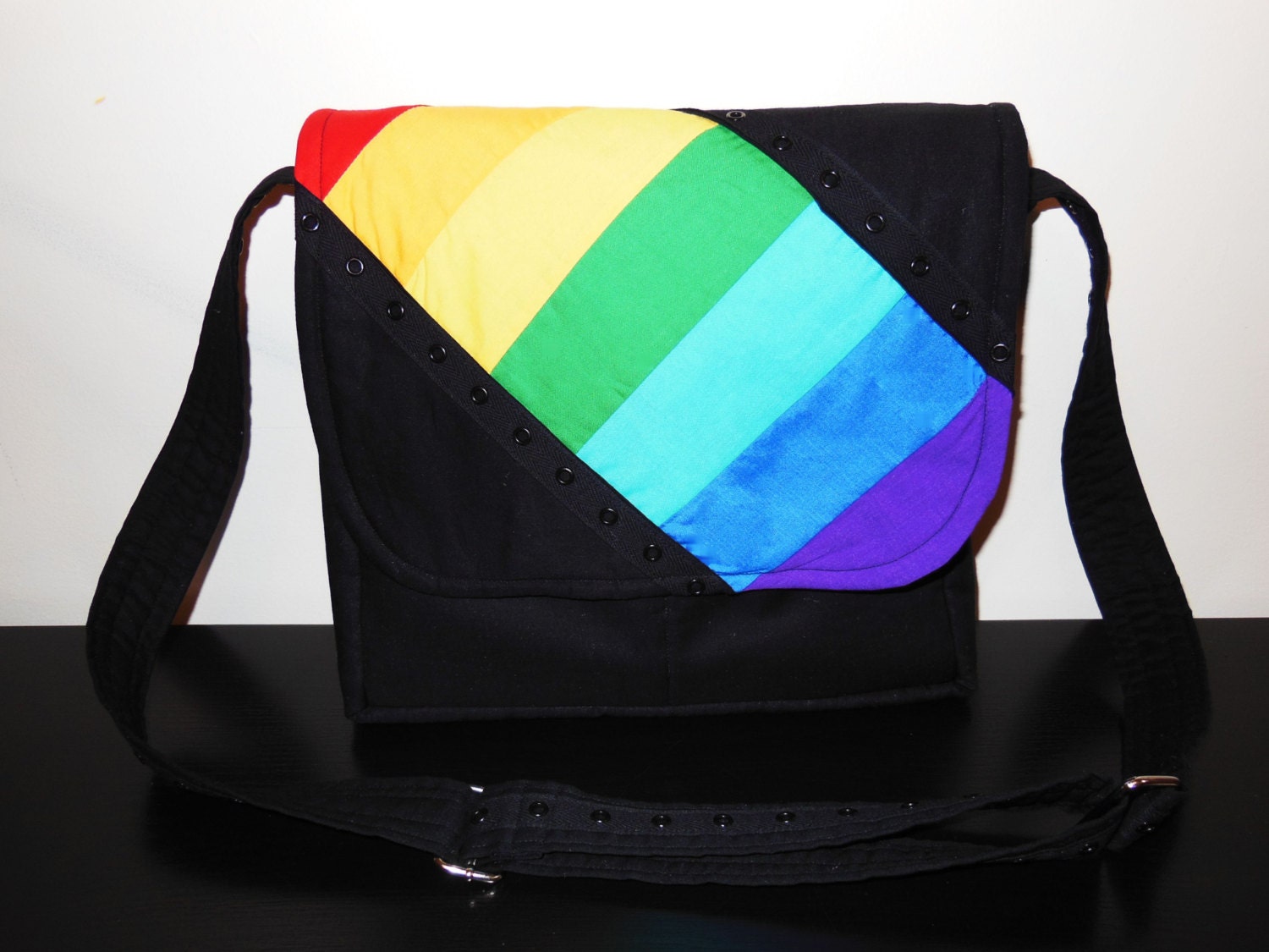 Black Rainbow Messenger Bag Purse Grommet Tape Corset Zipper Adjustable Laptop Snap Pocket Punk  Eyelet Twill Goth Lolita Handmade