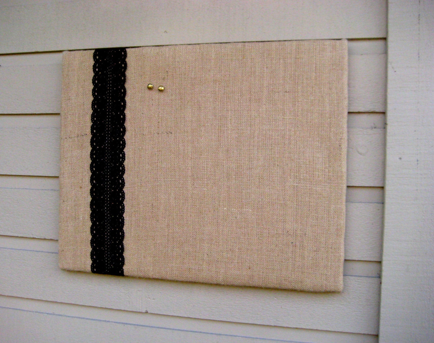 Burlap and Lace Bulletin Board for your Rustic Wedding, office, kitchen or bedroom -  Natural burlap, black cotton Lace