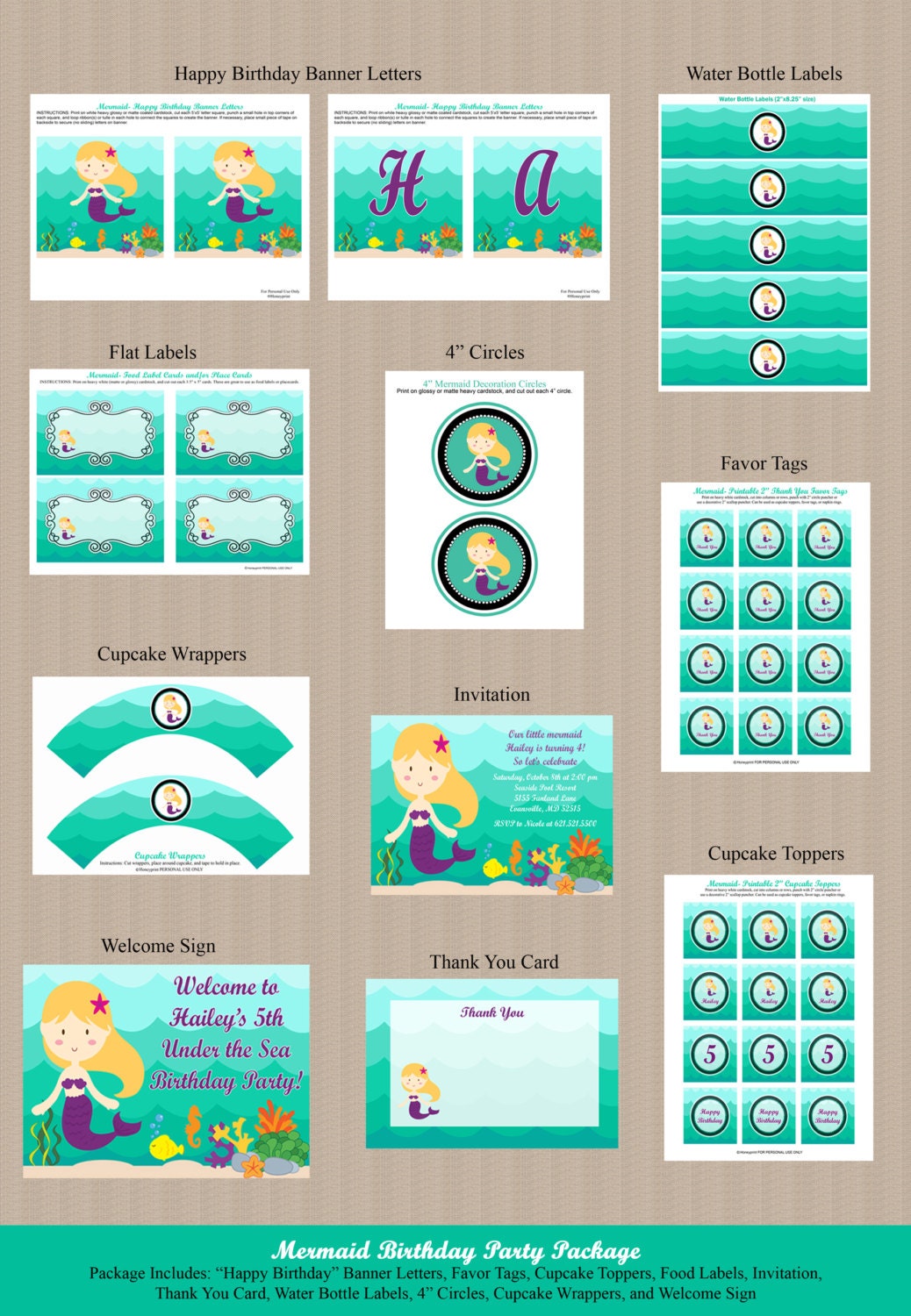 Printable Mermaid Birthday Party Package - Under the Sea - Birthday Invitation, Cupcake Toppers, Favor Tags and more