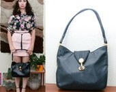 Vintage 60s 70s Navy Purse With Gold Toned Hardware