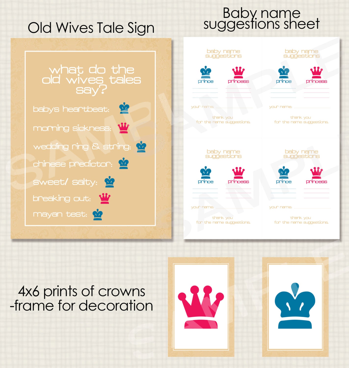 Party Supplies for Prince or Princess Gender Reveal Party -cream, beige, grey, cupcake toppers, banner, labels