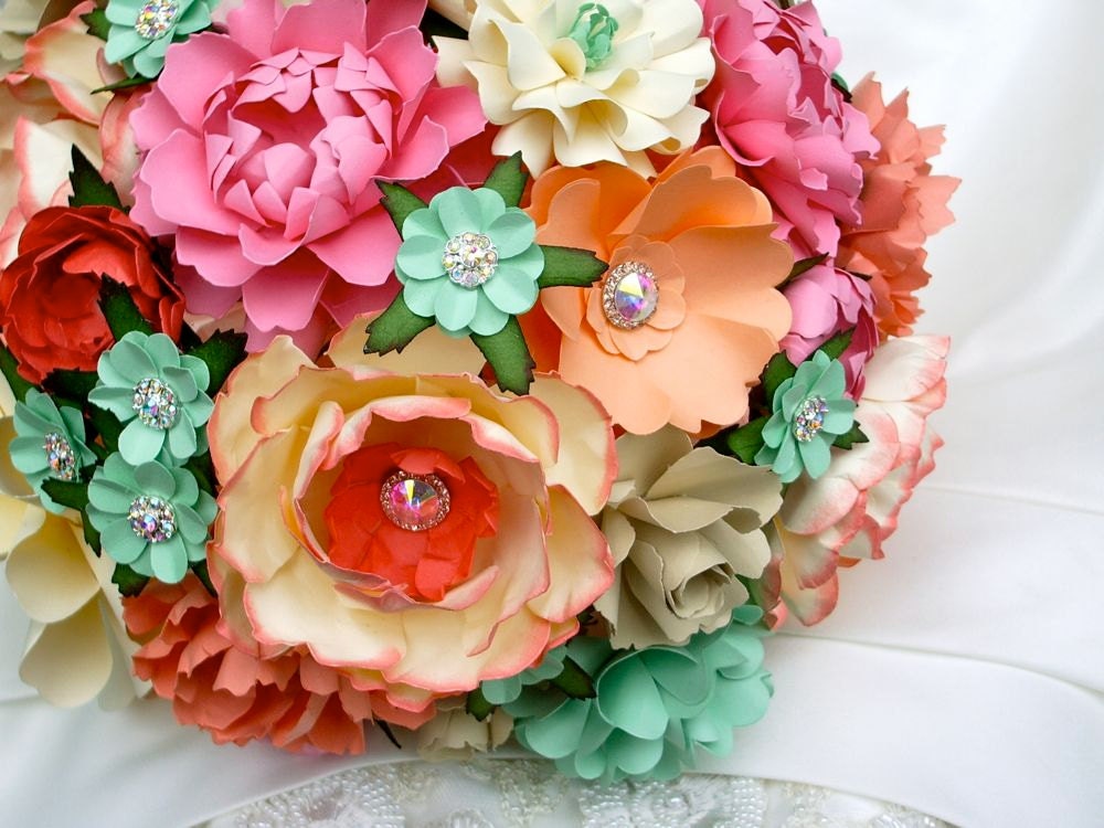 Peach and Mint Green - Paper Bouquet - Customize your Style and Colors - Made To Order