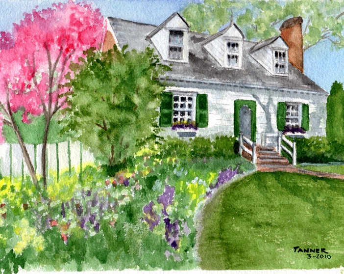 Watercolor Print Spring Cottage Emerald Green, Pink  flower garden 8x10 matted to 11x14 Reproduced from my original watercolor painting
