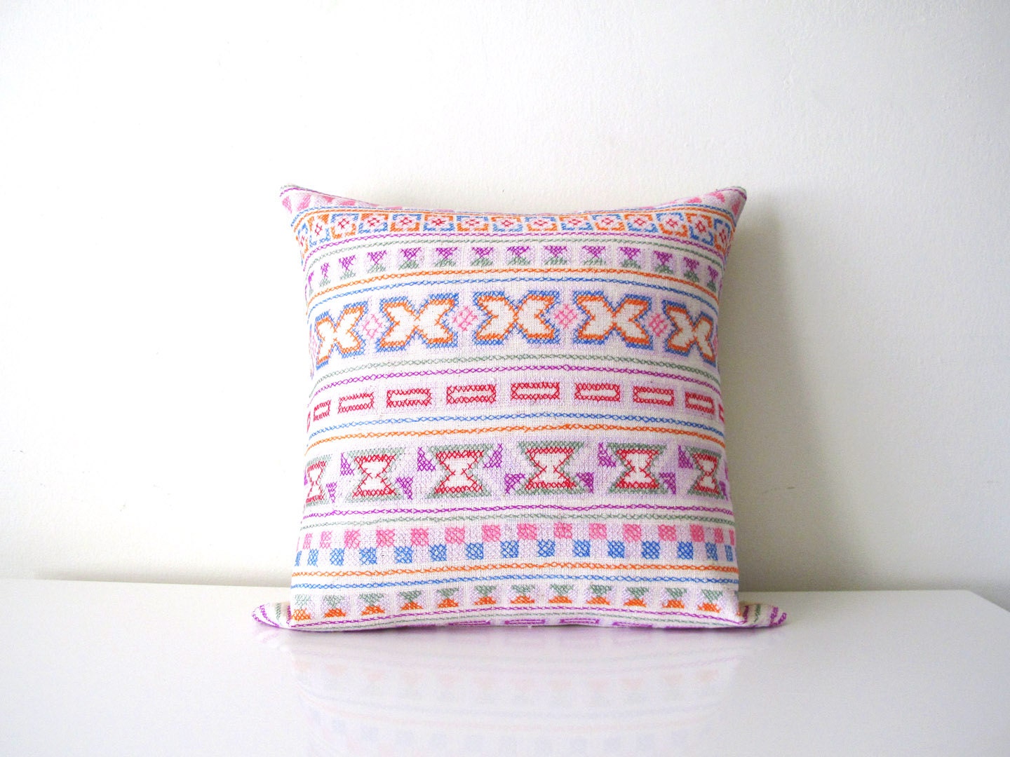 Sweet Chiang Mai pastel hand- stitched tribal cotton pillow cover