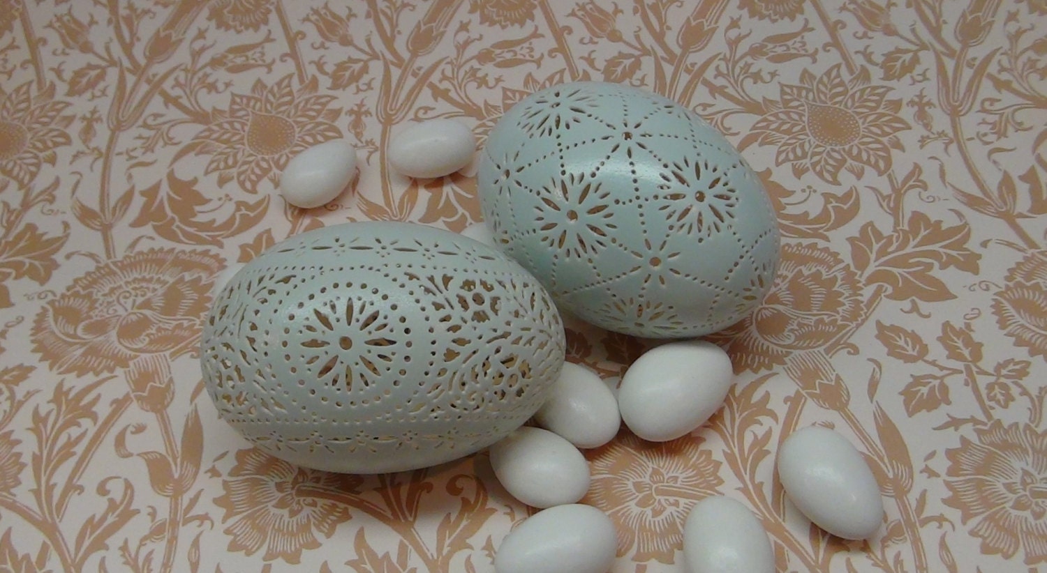 Two Hand Carved Victorian Lace Blue Duck Eggs: Floral Band & Geometric Pattern